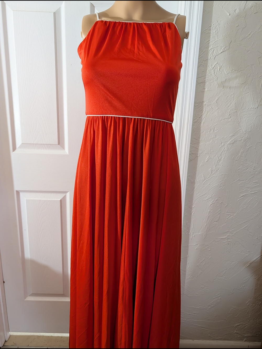 Sleeveless Red Maxi Dress with Contrast Trim Vintage 70's Original